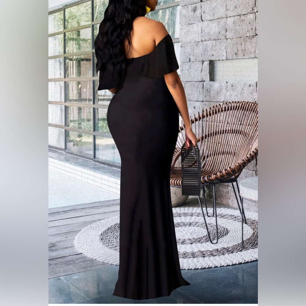 NEW Off The Shoulder Maxi Dress Black Ruffle Evening Party Long Dress Size L - Picture 5 of 12